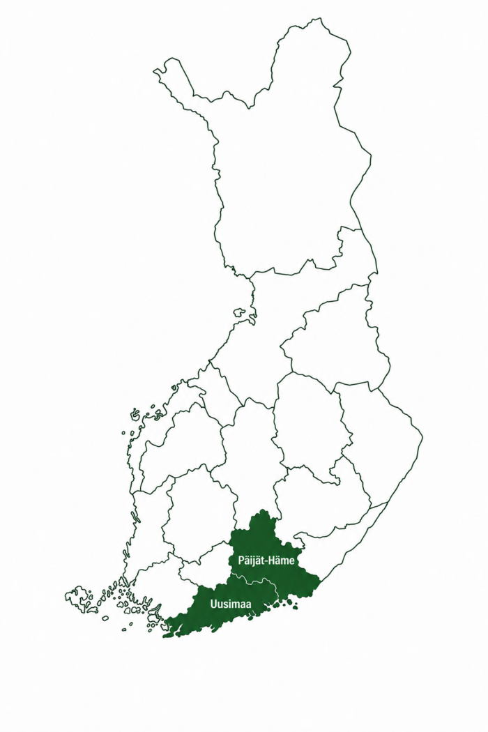 Kartta puuaitojen asennusalueista: Päijät-Häme ja Uusimaa